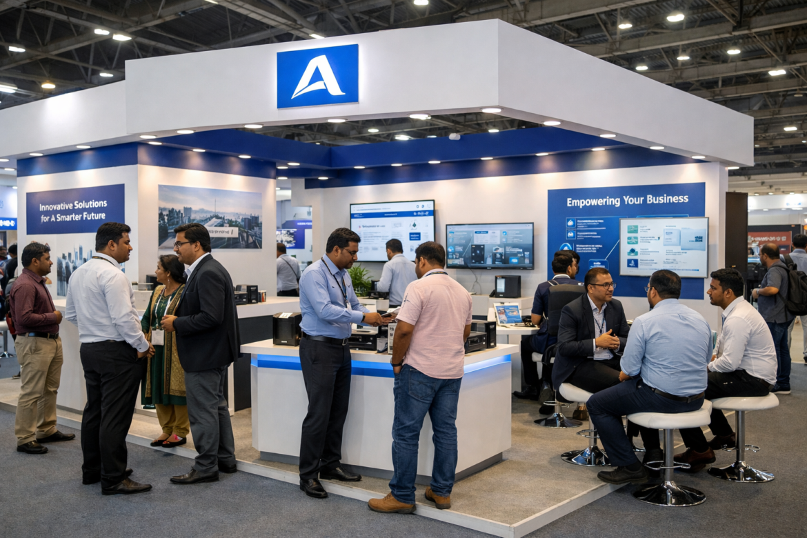 Modern exhibition stall with professionals interacting with visitors, featuring open layout, digital displays, and seating areas designed by exhibition stall fabricators in Delhi.