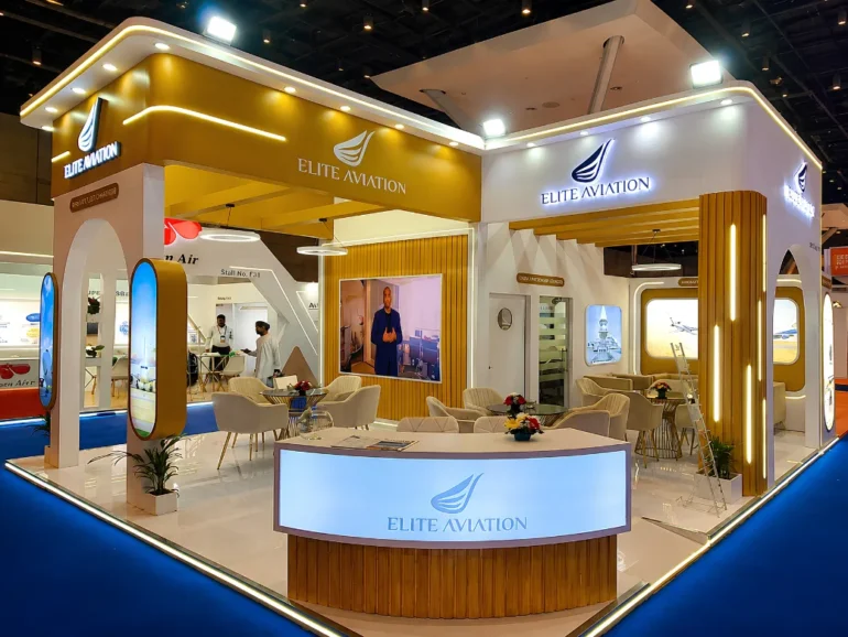 This is the image of a custom-designed and built exhibition stand that Skyline Event built for Elite Aviation at the Air Cargo India 2026 in Mumbai.