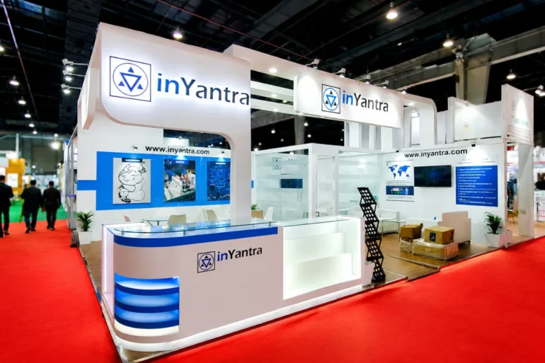 Electronica & Productronica India 2022 Greater Noida White and blue exhibition stand designed and built by Skyline Events at Electronica & Productronica India 2022 in Greater Noida