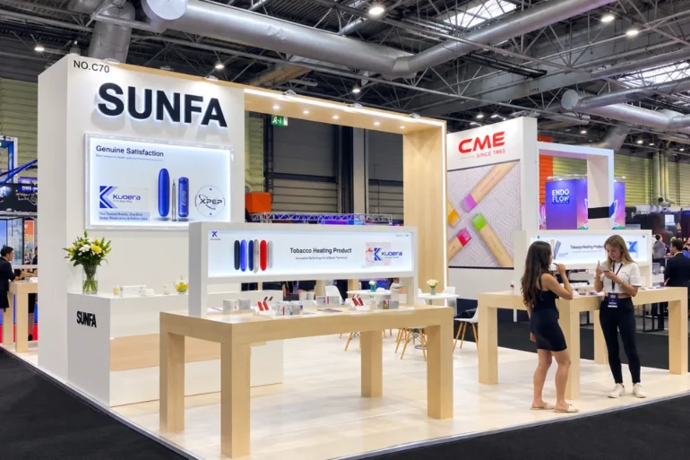Vape Show 2023, Birmingham, UK This is an image of the Sunfa Exhibition stall that was designed and built by Skyline Events at Vape Show 2023 at Birmingham, UK.