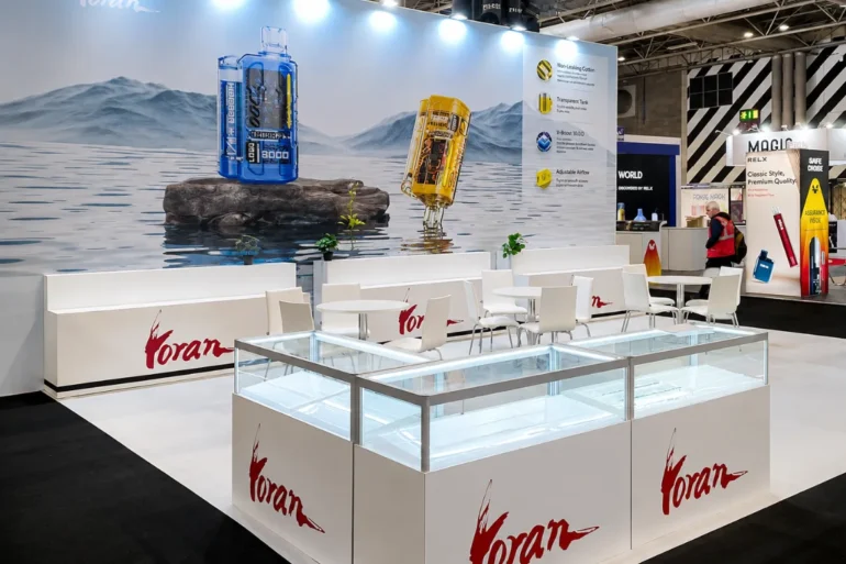 Vape Show 2023, Birmingham, UK. This is a second white colour exhibition stand image that was designed and built by the best exhibition stand builder in Uk Skyline Events, at the Vape Show 2023, Birmingham, UK.
