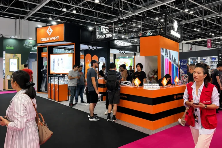 World Vape Show 2023 Dubai, UAE PRemium Black exhibition stand image that was designed and built by professional exhibition stand builder in Dubai.