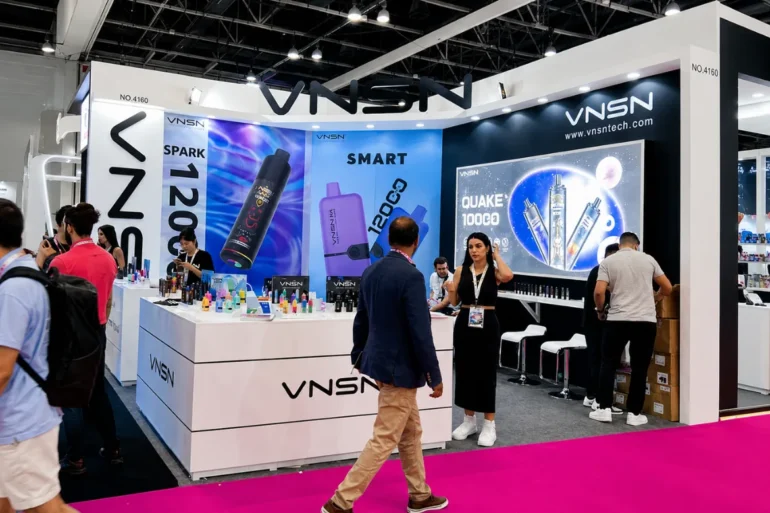 World Vape Show 2023, Dubai, UAE. This is the premium 2 side open exhibition stand that is Designed and built by Skyline Events at the World Vape Show 2023, Dubai, UAE.