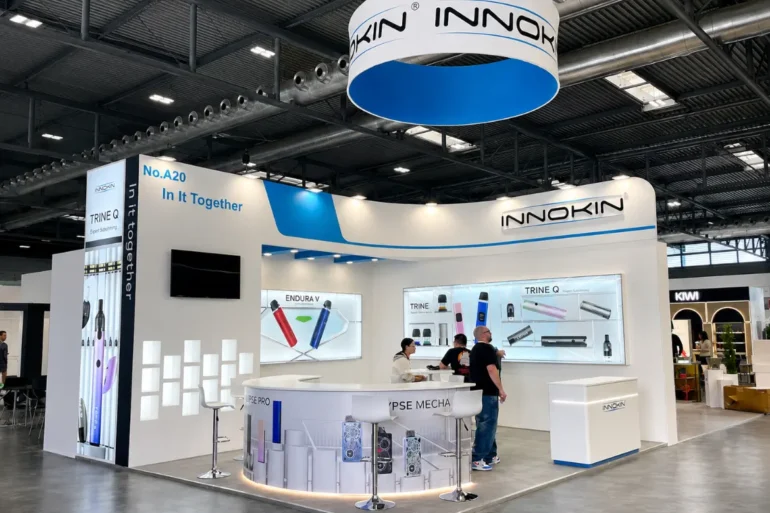 vapitaly Verona, 2024, Italy White and blue exhibition stand designed and built by an professional exhibition stand builder in Italy for Vapitaly Verona 2024, Italy.