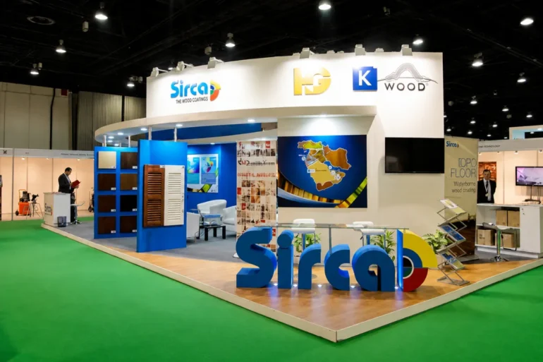 Exhibition stand designer in USA Premium white and blue exhibition stand designed by Skyline Events, an experienced exhibition stand designer in USA